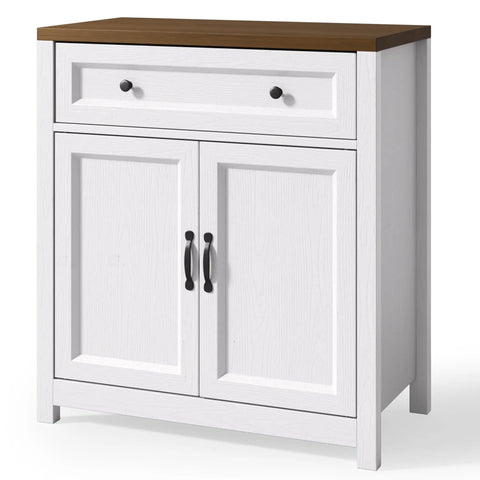 Farmhouse Kitchen Storage Cabinet With Adjustable Shelves And A Big Ol Drawer Barn Door Sideboard Buffet Freestanding 30W X 15.6D X 33.3H For Kitchen Living Room Or Entryway, white with brown top, front view