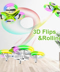 Crash Proof Mini Drone for Kids With LED Night Lights One Key Takeoff and Landing Flips RC Remote Control Easy for Beginners 3 Speed Modes Auto Hovering Nano Quadcopter Green in mid-air performing 3D flips over a wooden floor with LED lights glowing in a pattern.