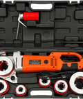 No Sweat 200W Electric Pipe Threader For Half To 2 Inch Pipes, featuring an orange copper motor and six dies in a carry case.