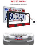Two Pack Black Aluminum License Plate Frames For Cars with installation diagram and mounted frame on vehicle