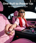 Woman using Retractable Car Charger Featuring 84W USB C Fast Power Dual Snakes in pink car interior, no tangled cables.
