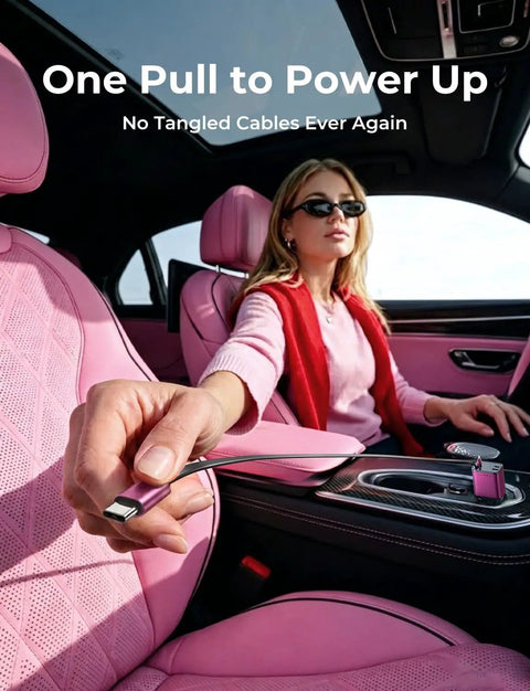 Woman using Retractable Car Charger Featuring 84W USB C Fast Power Dual Snakes in pink car interior, no tangled cables.