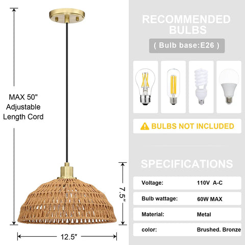 Two Pack Linen Cord Boho Pendant Lights With Hemp Rattan Wicker Brushed Brass Finish Ideal For Kitchen Island And Dining Room E26 LED Compatible Bulbs Not Included Dimmable With Dimmer Easy Hardwired Installation shown with dimensions and bulb recommendations