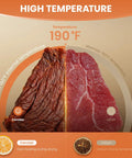 High temperature comparison of jerky showing Heavy Duty Twelve Tray Food Dehydrator With Adjustable Temp And 800W Motor.