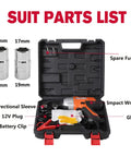 Open carry case showing 12V Corded Impact Wrench Kit with half inch drive sockets, LED light, power cord, and accessories.