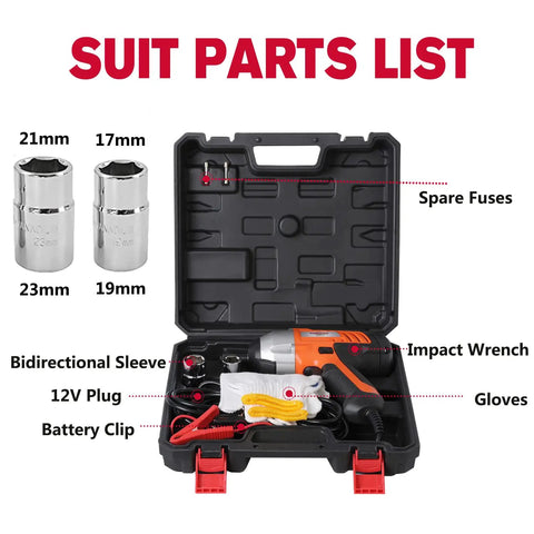 Open carry case showing 12V Corded Impact Wrench Kit with half inch drive sockets, LED light, power cord, and accessories.