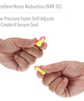 Hands holding Hi-Vis Foam Earplug Refills For Leight Source 500, magenta and yellow, NRR 32, self-adjusting foam earplugs.