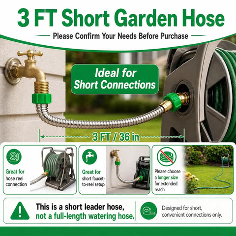 3Ft Short Garden Hose With Double Female Connectors For Quick Hose Reel Setup displayed on a faucet and reel for short connections.