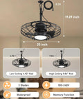 20 Inch Outdoor Ceiling Fan With Light For Patio And Gazebo, Waterproof Caged Design, Height Options Shown, Black