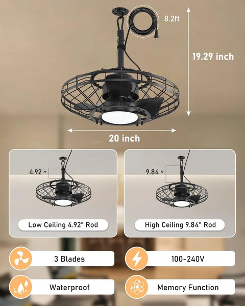 20 Inch Outdoor Ceiling Fan With Light For Patio And Gazebo, Waterproof Caged Design, Height Options Shown, Black