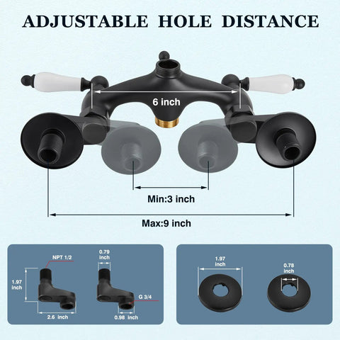 Clawfoot Tub Faucet Matte Black With Handheld Shower, Wall Mount Tub Filler shown with hole distance measurements, adjustable 3 to 9 inches