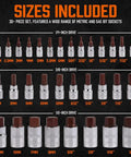 32 Piece Hex Bit Socket Set For Auto Repairs And Everyday Wrenching, SAE And Metric Allen Sockets with size chart shown