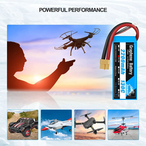 Two Pack 3S 2200mAh 11.1V 130C Graphene LiPo Battery With XT60 Plug for RC models and helicopters powerful performance