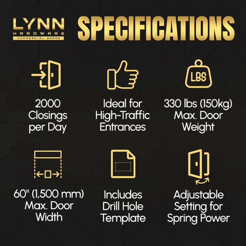 Specifications of Heavy Duty Automatic Door Closer For High Traffic Doors, Beefed Up Commercial Grade With Adjustable Speed And Force.