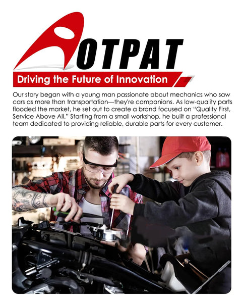 Mechanic and child working on a car engine in a garage under the brand 'OTPAT' slogan 'Driving the Future of Innovation' displayed above.