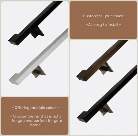 Built Tough Aluminum Handrail Grab Bar 12 Feet Long with secure mounting brackets in black, white, and bronze finishes.