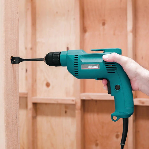 Powerful 4.9 Amp 3/8 Inch Drill With Variable Speed 0-2500 RPM Keyless Chuck Large Trigger Teal Finish drilling wood