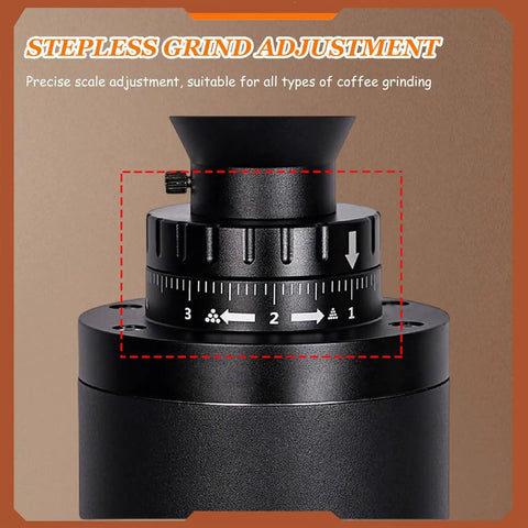 Variable Speed Single Dose Conical Burr Coffee Grinder With Stepless Adjustments knob detail for precise grind settings.