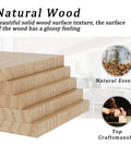 Stack of natural wood slabs with text highlighting solid wood texture and craftsmanship in a light kitchen setting.