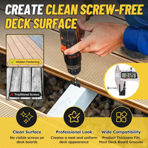 Person using Heavy Duty Hidden Deck Fasteners For Every Composite Decking Board With No Sweat Grooved Clipping Kit during installation.