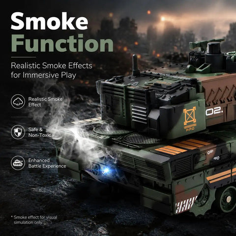 Beast Mode RC Tank With 360 Degree Turret 2.4GHz Remote showing smoke feature during realistic military action