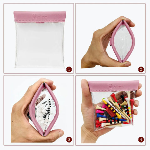 Golf Tee Pouch Organizer with Clip and Transparent Squeeze Top Pocket, Water Resistant PU Leather for tees and markers