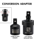 1/4 inch drive impact universal joint and 1/4 inch male to 3/8 inch female adapter from 55 Piece 1/4 Inch Drive Impact Socket Set Built With CR-V Steel For Pro Grade Tough Jobs 6 Point SAE And Metric From 5/32 To 9/16 Inch And 4mm To 15mm Shallow And Deep Sockets Includes Adapter Extension And Universal Joint