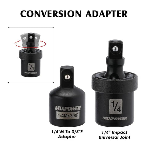 1/4 inch drive impact universal joint and 1/4 inch male to 3/8 inch female adapter from 55 Piece 1/4 Inch Drive Impact Socket Set Built With CR-V Steel For Pro Grade Tough Jobs 6 Point SAE And Metric From 5/32 To 9/16 Inch And 4mm To 15mm Shallow And Deep Sockets Includes Adapter Extension And Universal Joint