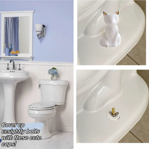 Sharp Ceramic Toilet Bolt Caps 2 Pack White Cat Design Decorative Screw Covers on toilet, showing installation and detail.
