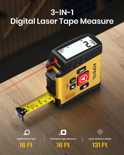 3-IN-1 Digital Laser Tape Measure with LCD display in use, showing 16 ft tape and additional laser features. Yellow casing.
