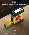 Go-To Smart Digital Laser Tape Measure 3-In-1 Tool With 131ft Laser And 16ft Tape, Quick Switch Between Laser And Tape, App Sync With Smart Life For Easy Projects And Precise Measurements. 3-in-1 yellow tape measure on wood with laser and extended tape