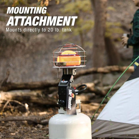 540-Degree 45,000 BTU Tank Top Radiant Propane Heater with Multi Directional Heat mounted on a 20 lb propane tank outdoors