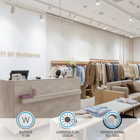 Pro Grade 17.5W LED H Track Light Heads Pack Of 4 illuminating retail store with neutral white finish and flexible positioning.