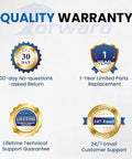 Quality warranty details including 30-day return, 1-year parts replacement, lifetime support, and 24/7 email customer support.