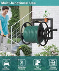 Wall Mounted Garden Hose Reel For Outdoor Use, Heavy Duty Hose Holder Winder With Leader Hose And Brass Connector, Keeps One Hundred Twenty Five Feet Of Five Eighth Inch Hose Tidy, No Fuss Storage Basket, Black in use.