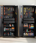 Heavy Duty Metal Storage Cabinet Built Tough With 180 Lb Shelf Load, 70.87 Inch Tall Garage Tool Cabinet With Dual Locking Doors, Adjustable Shelves, Two Drawers, Pegboard, Ideal For Garage, Home, Office And Utility Room displaying organized tools and supplies in a garage setting