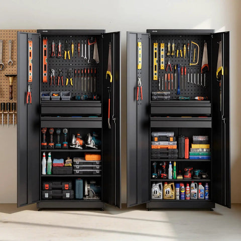 Heavy Duty Metal Storage Cabinet Built Tough With 180 Lb Shelf Load, 70.87 Inch Tall Garage Tool Cabinet With Dual Locking Doors, Adjustable Shelves, Two Drawers, Pegboard, Ideal For Garage, Home, Office And Utility Room displaying organized tools and supplies in a garage setting