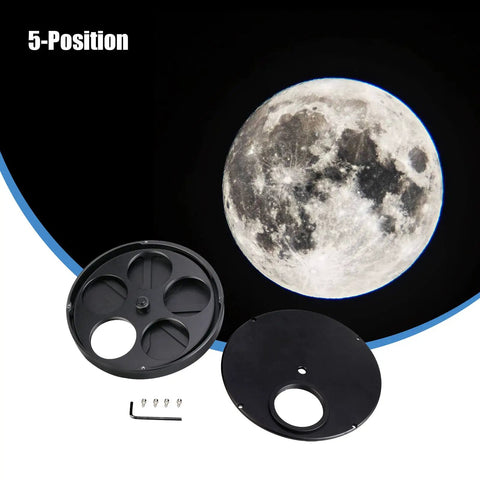 Five Position Telescope Filter Wheel For 2 Inch Eyepieces With Adapter showing filter slots and lock ring with moon background