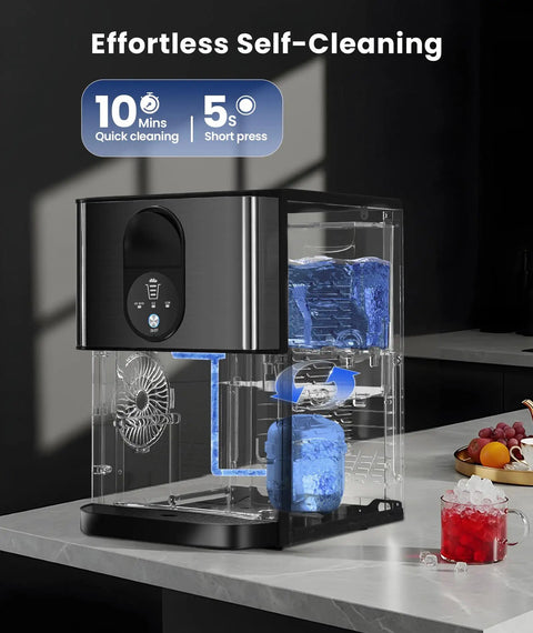 Countertop Nugget Ice Maker With Dispenser for home kitchen bar office, showing self-clean function on a countertop