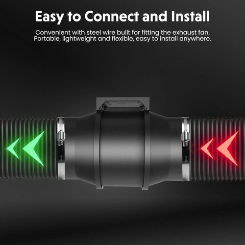 4 Inch Insulated Flexible Dryer Vent Hose 25 Feet With 2 Clamps, connected with arrows highlighting airflow direction on a black background.
