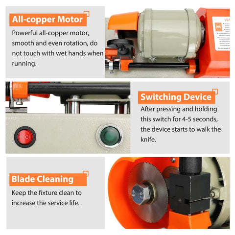 Beast 110V Metal Cutting Machine With Brass Motor, Red Finish, easy clamp jig setup, blade cleaning, and switching device view