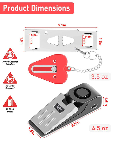 Portable Door Lock And Alarm With Dual Protection For Hotels Travel And Home On The Go, shown with dimensions, red and black