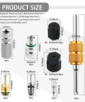 Diagram showing dimensions of Seventeen Piece Car Air Conditioning Valve Core Tool Kit Portable Set With Cores, Ports, And Caps.
