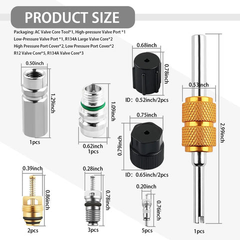 Diagram showing dimensions of Seventeen Piece Car Air Conditioning Valve Core Tool Kit Portable Set With Cores, Ports, And Caps.