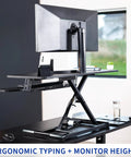 36 Inch Electric Desk Converter For Sit To Stand Dual Monitor And Laptop Workstation With Wide Keyboard Tray