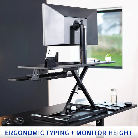 36 Inch Electric Desk Converter For Sit To Stand Dual Monitor And Laptop Workstation With Wide Keyboard Tray