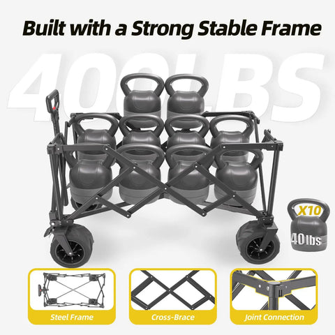 Collapsible Folding Wagon Cart With 400 Lb Capacity All Terrain Utility Cart showcasing sturdy frame and loaded with kettlebells