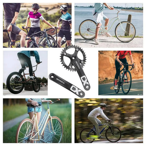 Collage of cyclists with Beefy MTB Square Taper Crankset 170mm Arm 104 BCD for various bike styles