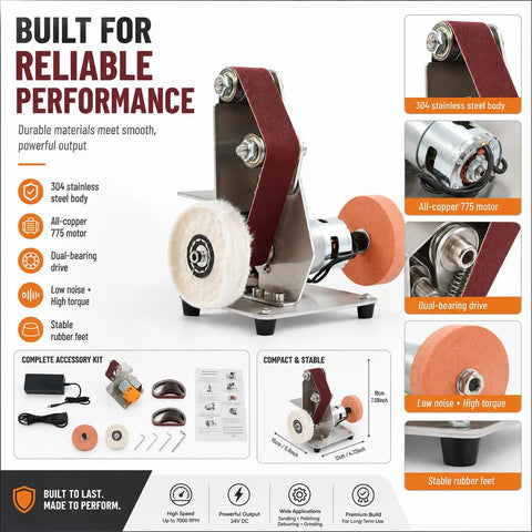 Badass Electric Belt Sander Featuring Adjustable Angle And Seven Speed Switches Spanning Four Thousand To Nine Thousand RPM for mini vertical polishing.