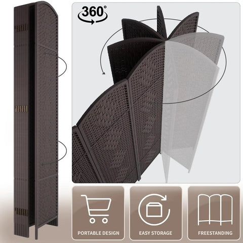 Tall Six Foot Room Divider Four Panel Privacy Screen Freestanding Wall Partition Dark Coffee Finish with foldable panels shown